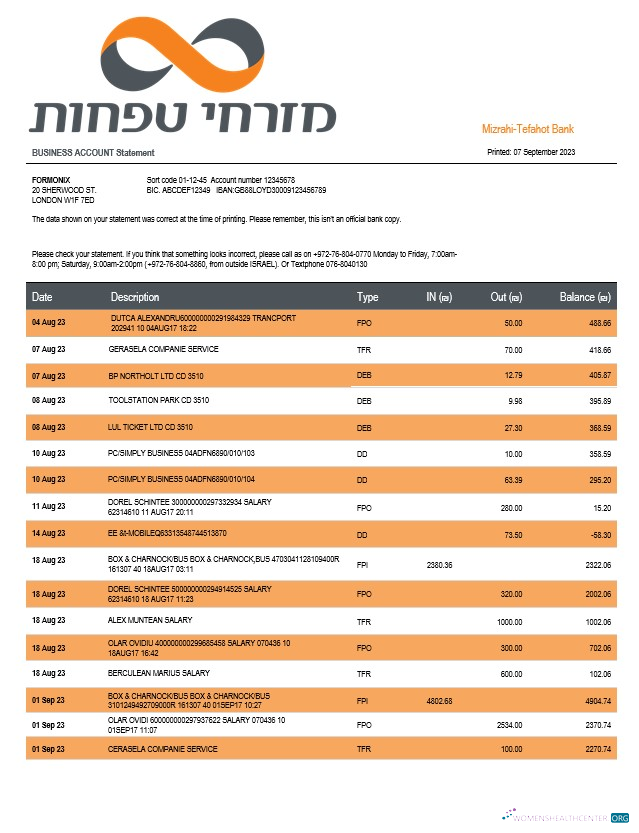Download Mizrahi Tefahot Bank organization statement Word and PDF template Photoshop template